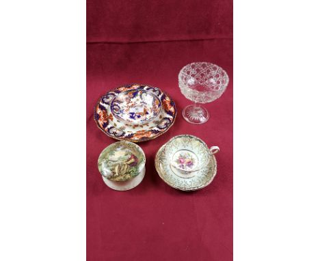 A Royal Crown Derby plate; a 19th Century Crown Derby saucer; a glass bonbon dish; a Paragon floral decorated teacup and sauc
