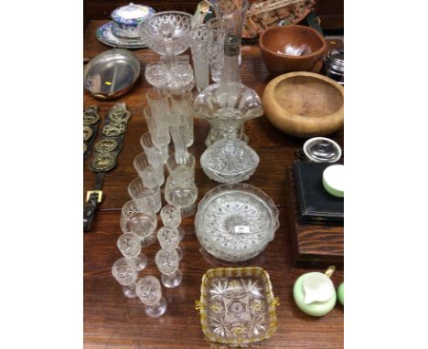 A quantity of various glassware to include pedestal bowl, vases, decanter and stopper etc. 