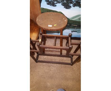 An elm top stool and an oak stick stand