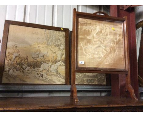 A mahogany and silkwork embroidered firescreen together with two tapestries 