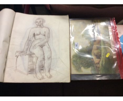 A folder of portrait studies and a coloured print depicting figures on a bridge 