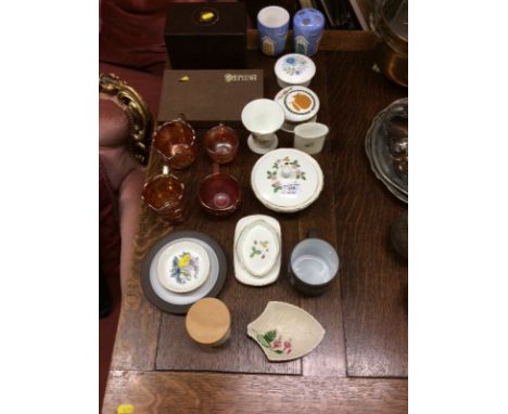 A quantity of Carnival glassware; Royal Worcester pin dishes; Wedgwood "Wild Strawberry" patterned bowl and cover; Wedgwood v