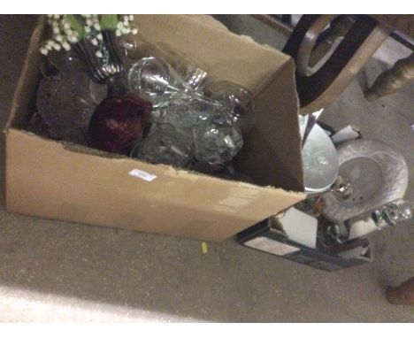 Two boxes containing various glassware, thermometer etc. 