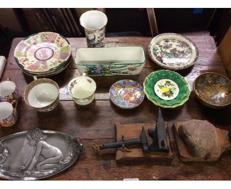 A Japanese Satsuma bowl decorated with figures, stamp to base together with Canton style teacup; two Japanese coffee cans and