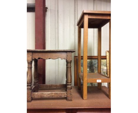 A light oak two tier plant stand and a reproduction oak joint stool