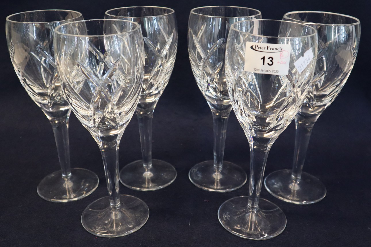 Set Of Six Waterford Cut Crystal Glass Tulip Shaped Stem Wine Glasses