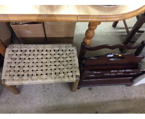 A mahogany magazine rack; a string seat stool and a cork top bathroom stool