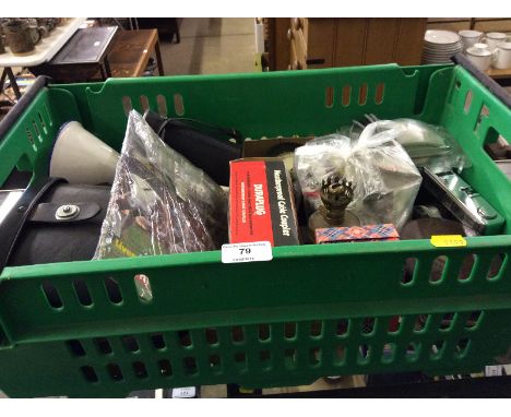 A box containing various camera equipment and enamel funnel; a leather cased tape etc.