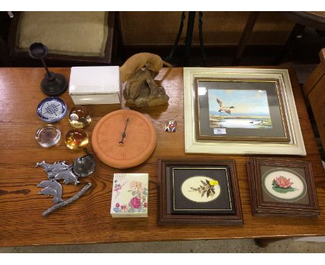 Various paper-weights; a terracotta clock; watercolour; print of a duck; woolwork picture etc.