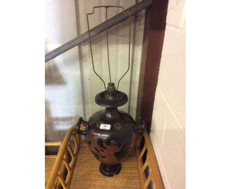 A Japanese lacquered style table lamp and shade and a Greek pottery table lamp decorated with figures