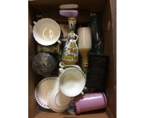A box containing a pewter tea caddy; Creamware soup bowls; a pottery vase; stoneware bottle etc.
