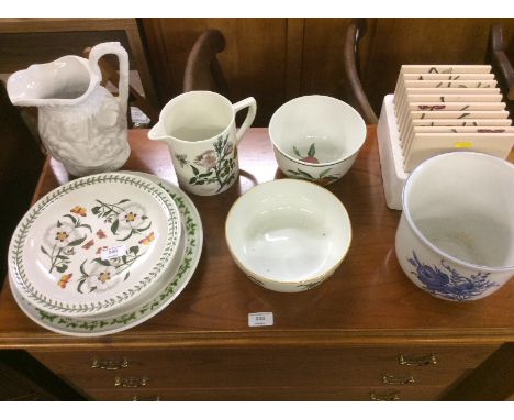A Portmeirion 'Botanic Garden' cake plate; a similar jug; a Royal Worcester bowl; a blue and white jardinière; tiles etc.