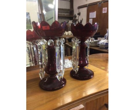 A pair of Victorian ruby glass table lustres, AF