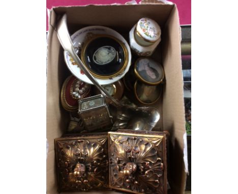 A box containing a silver plated ladle; two gilded wooden boxes; an Aynsley 'Cottage Garden' jar and cover; pill boxes; minia