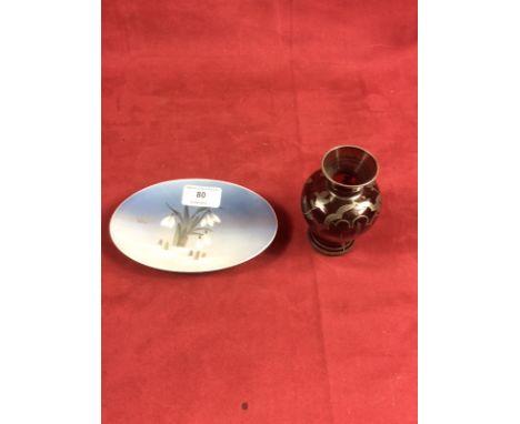 A Royal Copenhagen dish decorated with snowdrops and a ruby glass and white metal overlaid vase