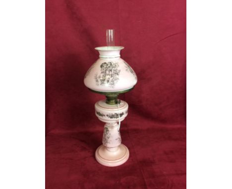 A Victorian pink opaque glass oil lamp decorated with figures and flowers