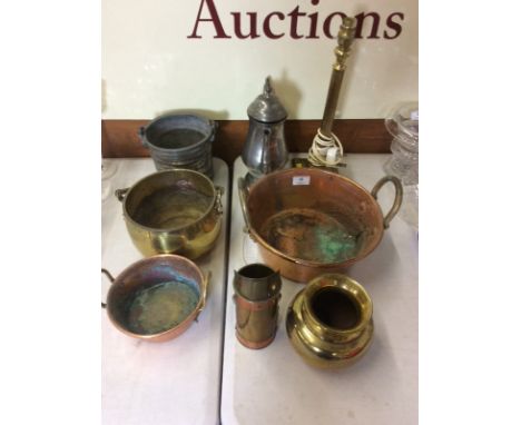 A quantity of various metalware to include a pewter coffee pot; a brass table lamp; a copper preserve pan; a brass swing hand