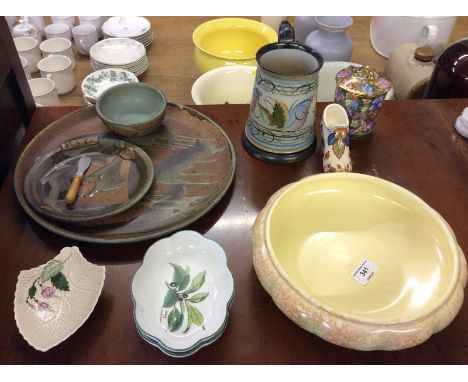 A Sylvac ware bowl; a pottery pate plate and one other similar; a pottery tankard; two Royal Worcester dishes etc.