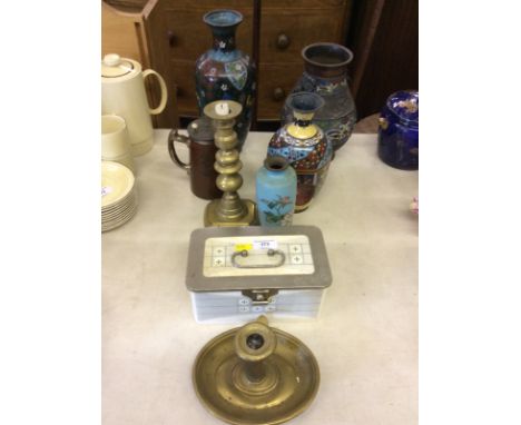 Four various cloisonne vases; a 19th Century brass candlestick; a treacle glazed jug; a china box and cover and a Victorian b