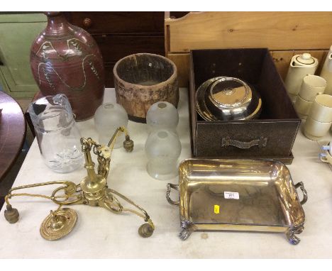 An Art Nouveau brass three branch ceiling light; a pottery barrel; three silver plated tureens; a glass jug; a wooden bowl et