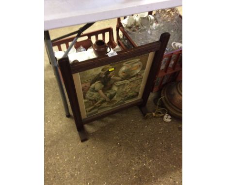 A mahogany framed firescreen inset with a coloured print