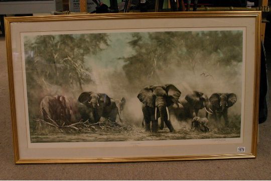 A Large Framed Print Signed By David Shepherd Elephants At Amboseli