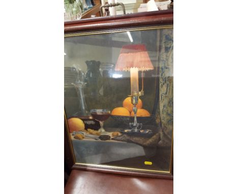A needlework embroidered tray; a coloured print depicting figures in an interior scene and a watercolour still life study