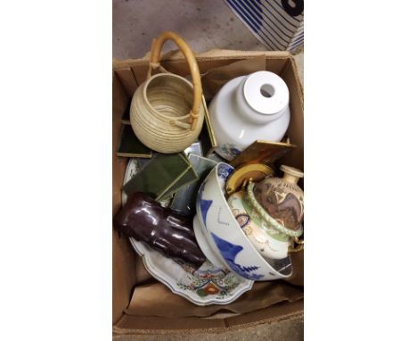 A box containing a Chinese blue and white bowl, AF; a quantity of tiles; a glass light shade etc.