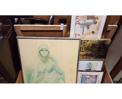 A quantity of various pictures and prints; a small silhouette; a coloured print after Jack Vettriano etc.