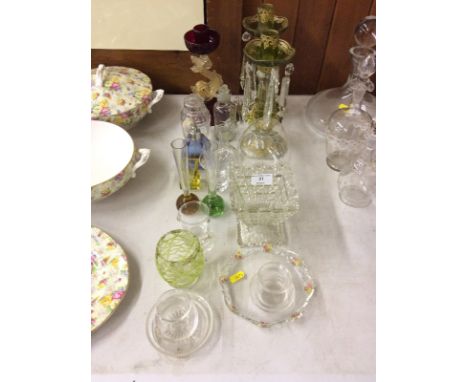 A Murano glass candlestick; a pair of gilt decorated table lustres and other various glassware 