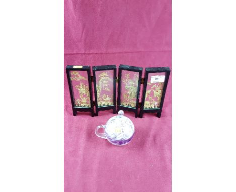 A miniature Chinese cork four fold screen and an Art glass scent bottle, AF