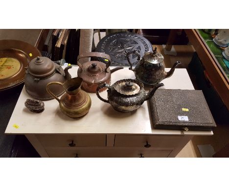 Two copper kettles; a late Victorian silver plated teapot; a coffee pot; cased cutlery; a table lighter and a brass and coppe