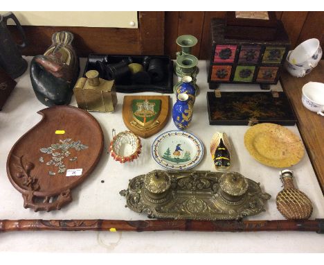 An ornate brass desk stand; a pair of Oriental decorated vases; a mother of pearl inlaid wooden tray; a wooden duck ornament;