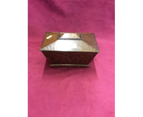 An oak two compartment tea caddy of sarcophagus form