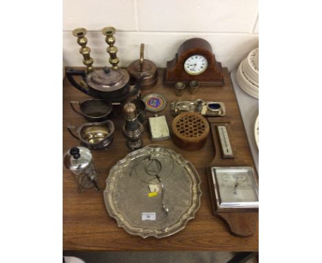 A quantity of various metalware to include a silver plated half fluted teaset; a pair of brass candlesticks; a salver; an oak