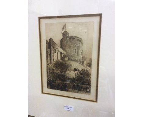Axel H Haig, black and white etching of the Round Tower, Windsor Castle