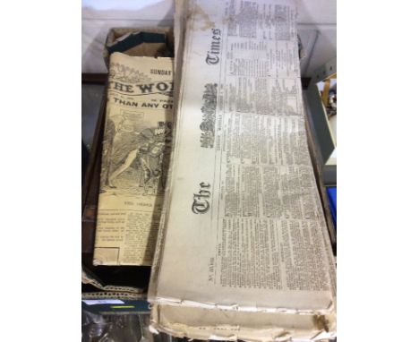 A box containing a 19th Century inlaid wooden trinket box; a 19th Century powder flask AF; newspapers etc.