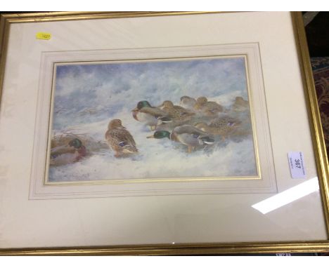 A coloured print after Archibald Thorburn; a floral framed wall mirror; a black and white engraving depicting 'The West View 