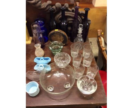 Two amethyst glass bottles; a blue glass jar and cover; an etched glass vase; a 19th Century glass decanter and stopper and v