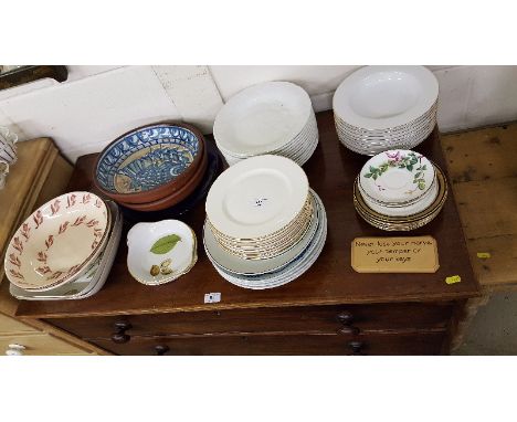 Two Royal Worcester 'Evesham' dishes; a pair of pottery bowls decorated with fish; two Royal Worcester 'Wild Harvest' bowls; 