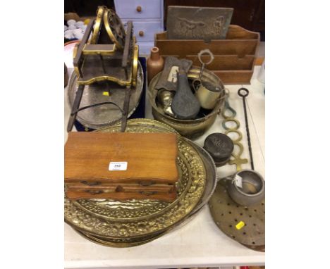 Three silver plated trays; a powder flask; a glass jardinière; an oak stationery rack etc.