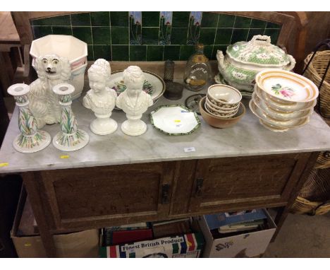 An Art Nouveau oak marble top and tiled back washstand by Shapland & Petter