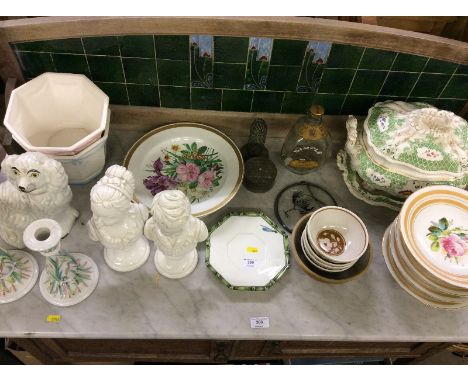 A pair of Italian pottery busts; a Staffordshire spaniel ornament; Victorian rose decorated dessert ware; a Dimple glass deca