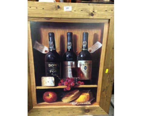 A pine framed print depicting cheese and port