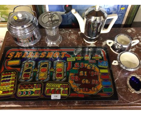 A glass fruit machine screen; a quantity of various chrome plated items; a coffee grinder etc. 