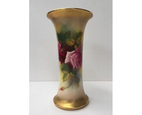 A Royal Worcester porcelain vase of flared waisted form painted with roses to an ivory ground, signed M Hunt, green mark, G92