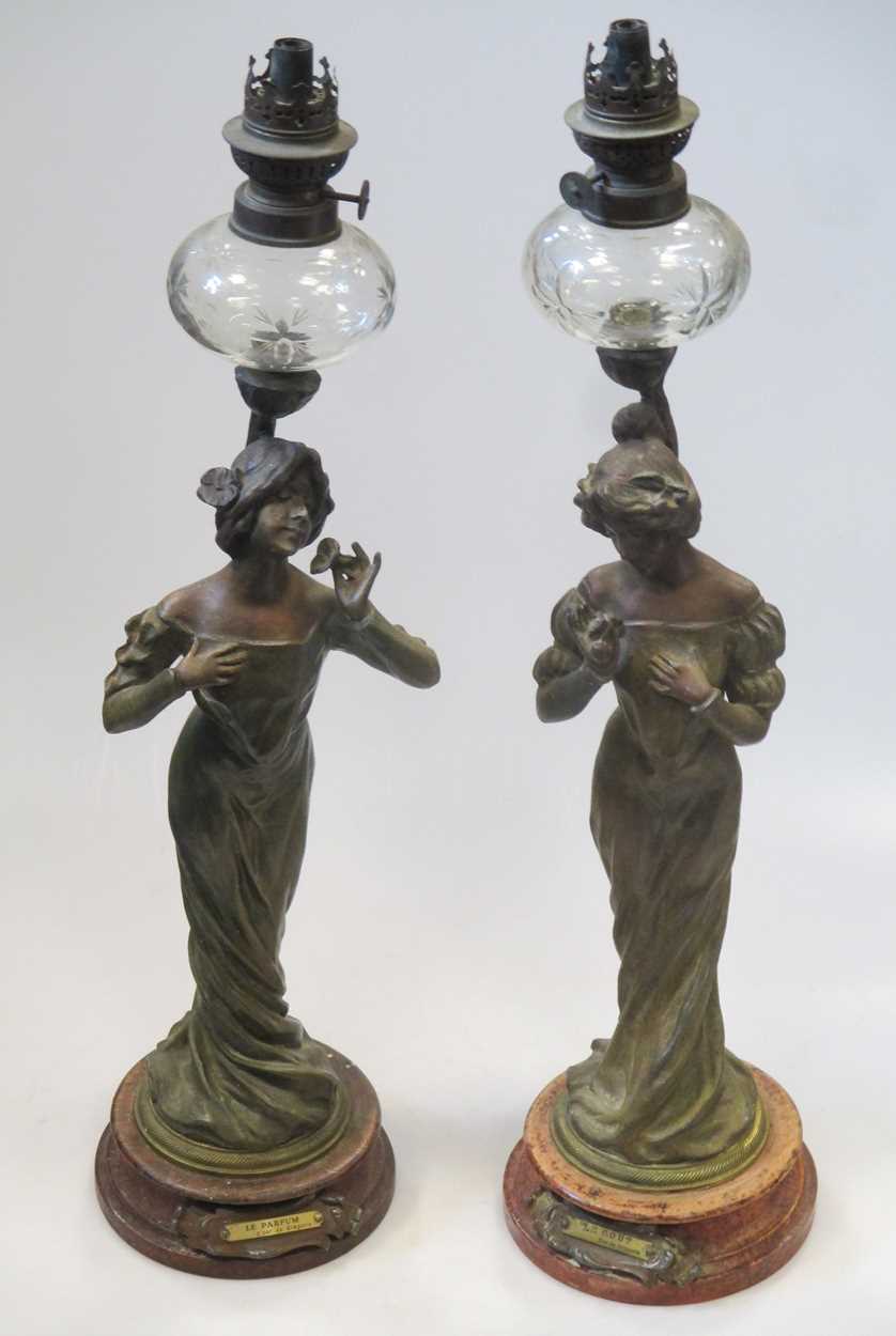 A Pair Of French Art Nouveau Patinated Spelter Figural Lamps In