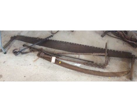 Various hand tools and cross-cut saw, together with a S. wall tie