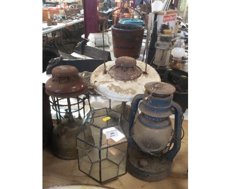 3x oil lamps; and one leaded light lamp shade