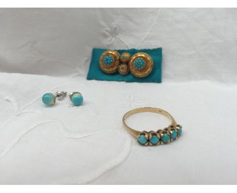 A five stone turquoise ring to a 14ct yellow gold setting, together with a turquoise bar brooch and a pair of stud earrings C